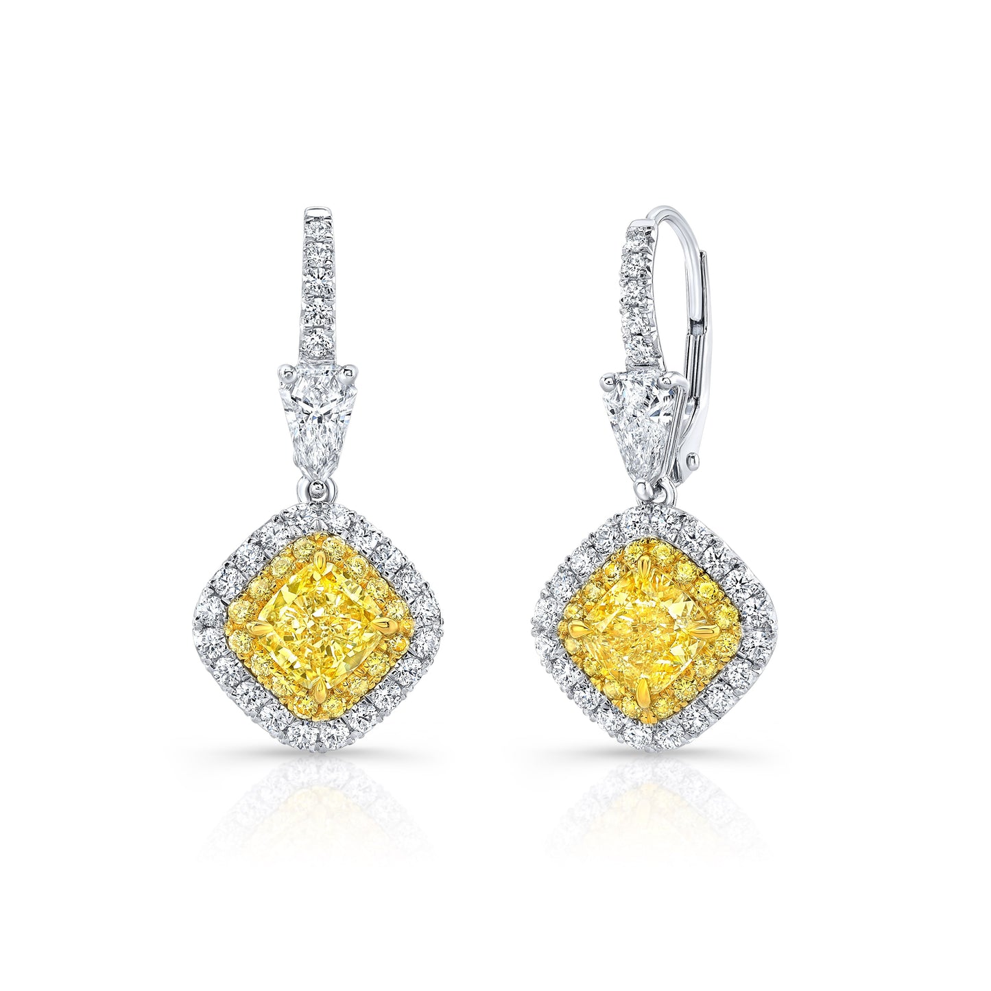 Fancy Yellow Cushion Cut Drop Earrings